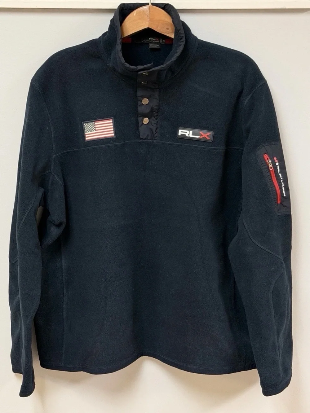 VTG Polo Ralph Lauren RLX Fleece Pullover Mens XXL Navy Blue USA Flag 1/4 Snap